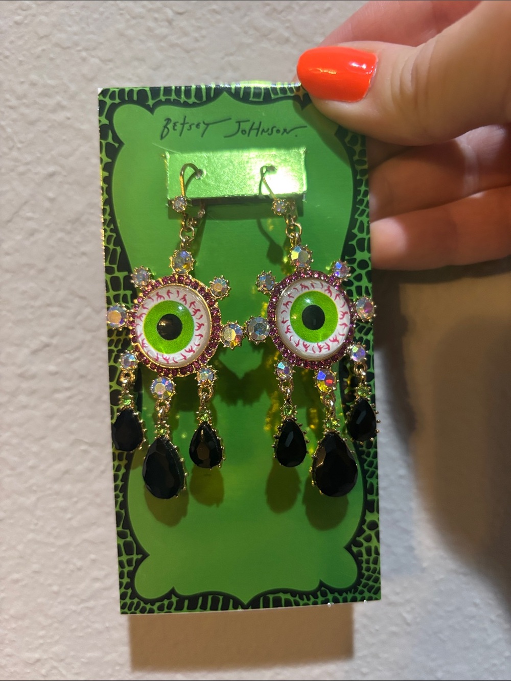 Betsey Johnson Green Eyeball Drop Earrings with Black and Pink Accents